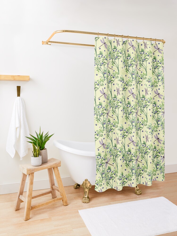 Alternate view of blueberry pattern with dragonflies Shower Curtain