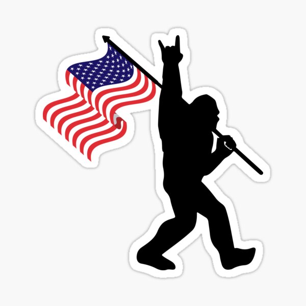 Bigfoot Sasquatch Rock On US Flag Sticker