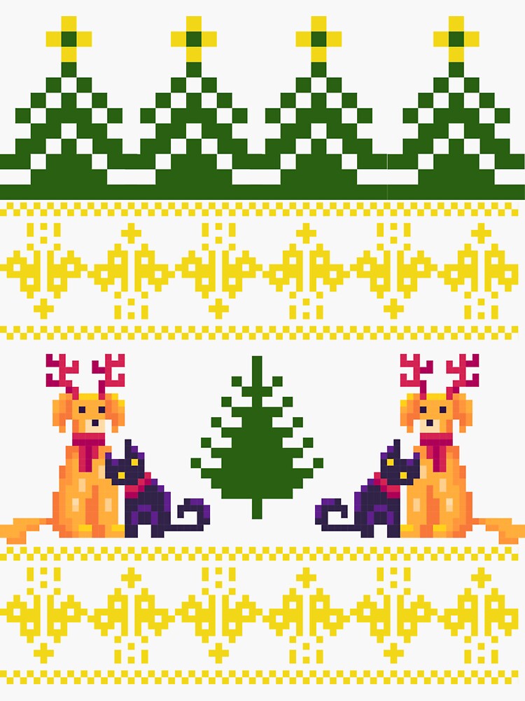 "Ugly Christmas Sweater with Dog and Cat by Christmas Tree" Sticker for