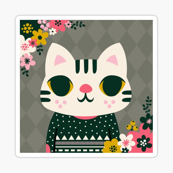 Cat in a Sweater / Cute Animal / Flowers Sticker