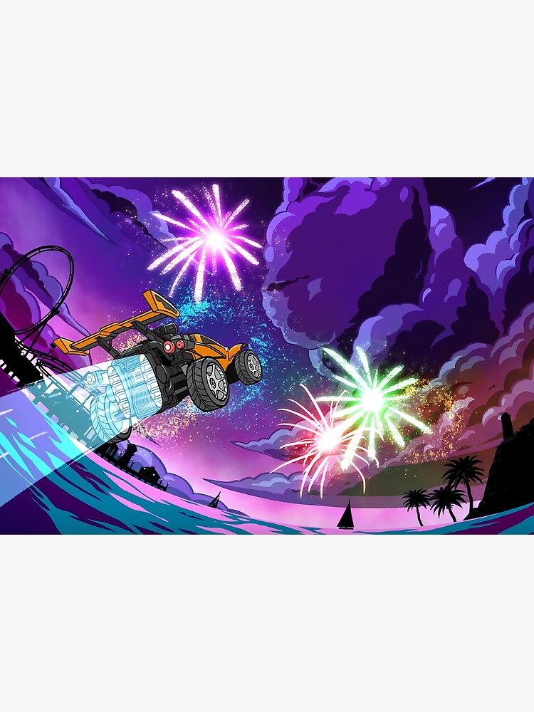 Disover Flying car poster on fireworks background Premium Matte Vertical Poster