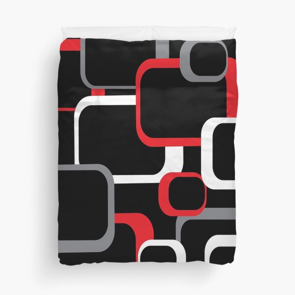 Red Gray White Retro Squares Pattern Black Background Duvet Cover