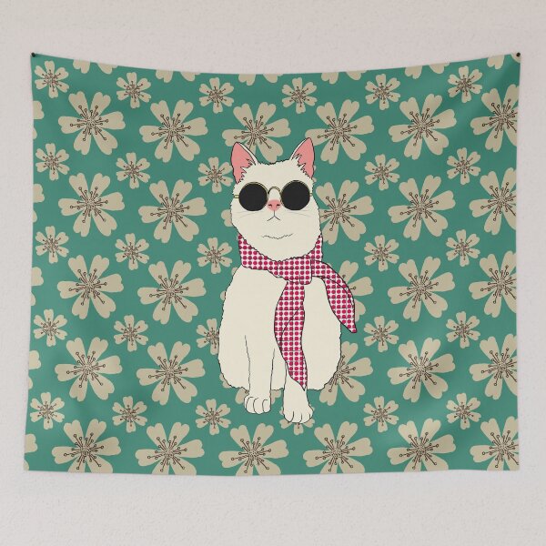 Item preview, Retro White Cat Wearing Sunglass With Floral Background designed and sold by DAFIN.