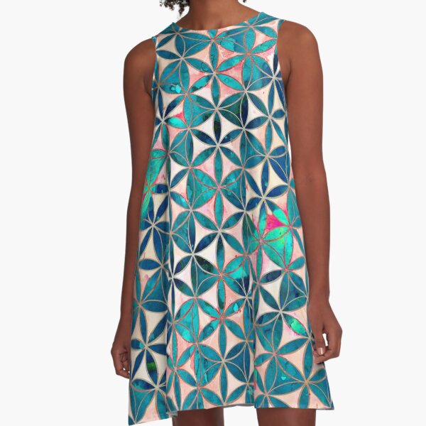 Flower-of-Life Paint Texture Turquoise A-Line Dress