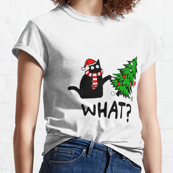 Funny Christmas Black Cat Gift - Cat Pushing Christmas Tree Classic T-Shirt