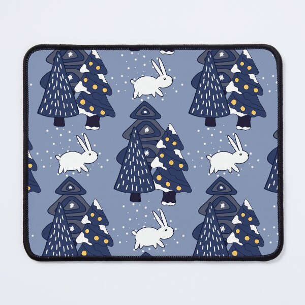 Item preview, Blue Christmas Trees with Snow Rabbits on Light Blue Background Seamless Pattern designed and sold by Trinket-Trickster.