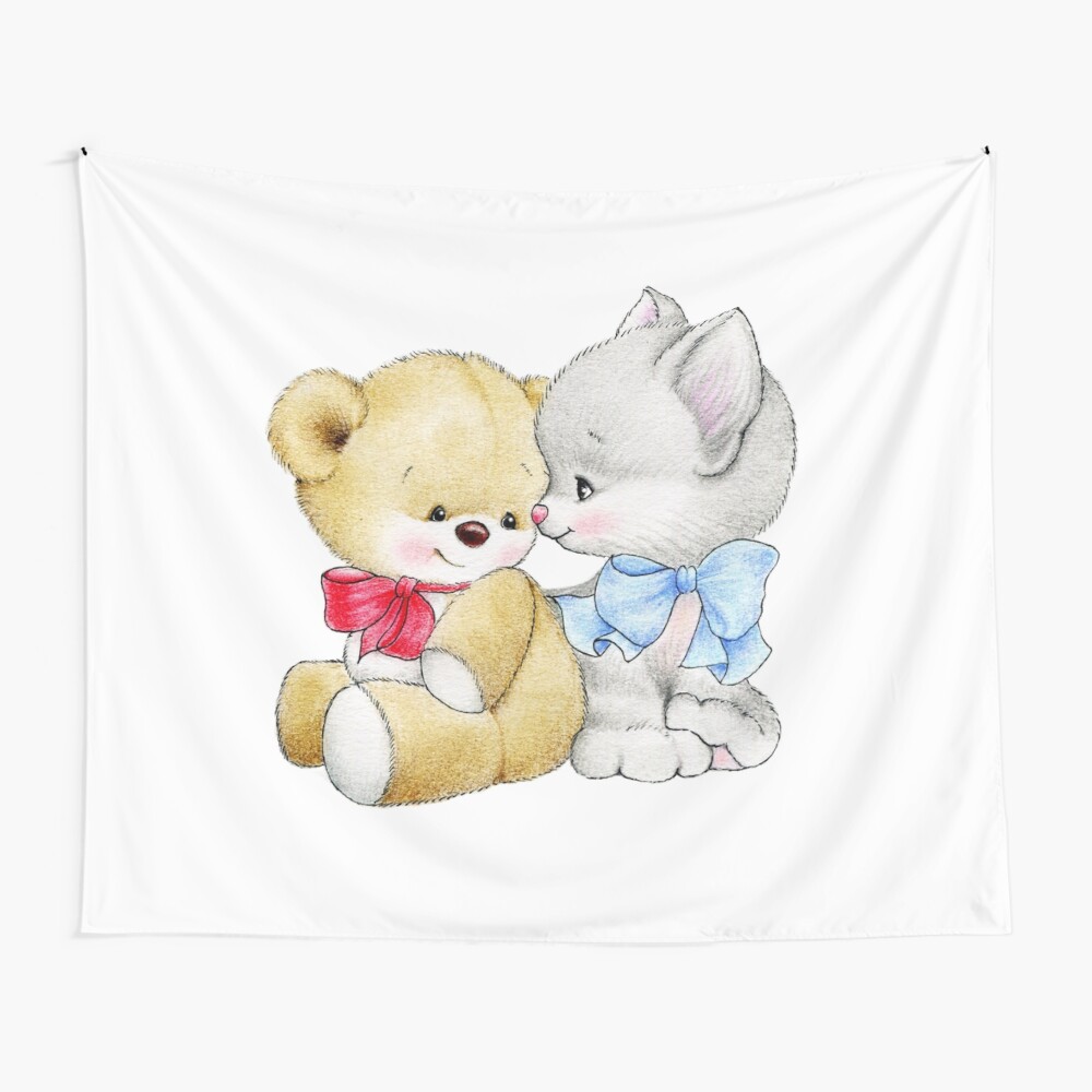 Baby Teddy Bear and Kitten Best Friends 