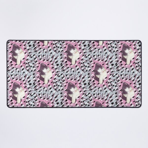 Item preview, Grey and white cat attempting camouflage for a nap time, in a blanket which has pink, black white and grey colours designed and sold by AnnaBBS.