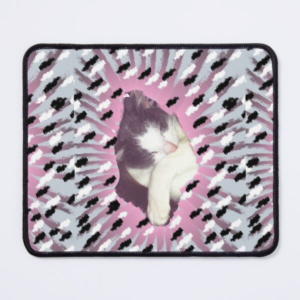 Item preview, Grey and white cat attempting camouflage for a nap time, in a blanket which has pink, black white and grey colours  designed and sold by AnnaBBS.