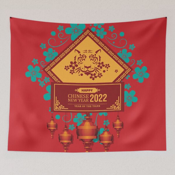 Item preview, Happy Chinese New Year 2022 Year of the Tiger - Blue Flowers Red Tiger - Red designed and sold by johnta17.