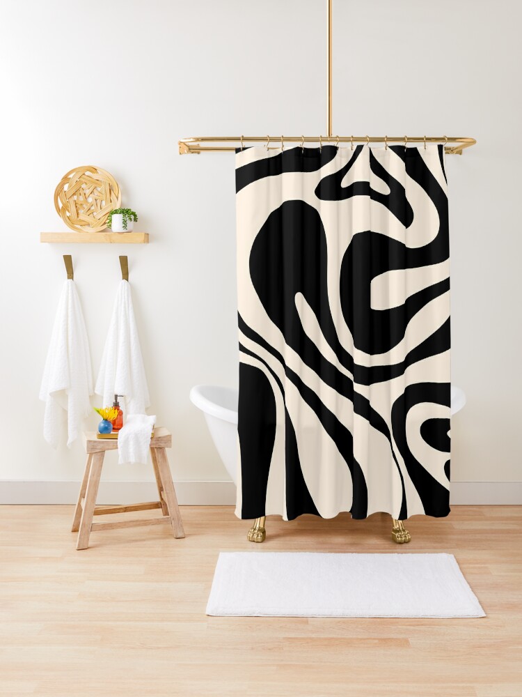 Retro Liquid Swirl Abstract Pattern 3 in Black and Almond Cream Bath Mat by  Kierkegaard Design Studio