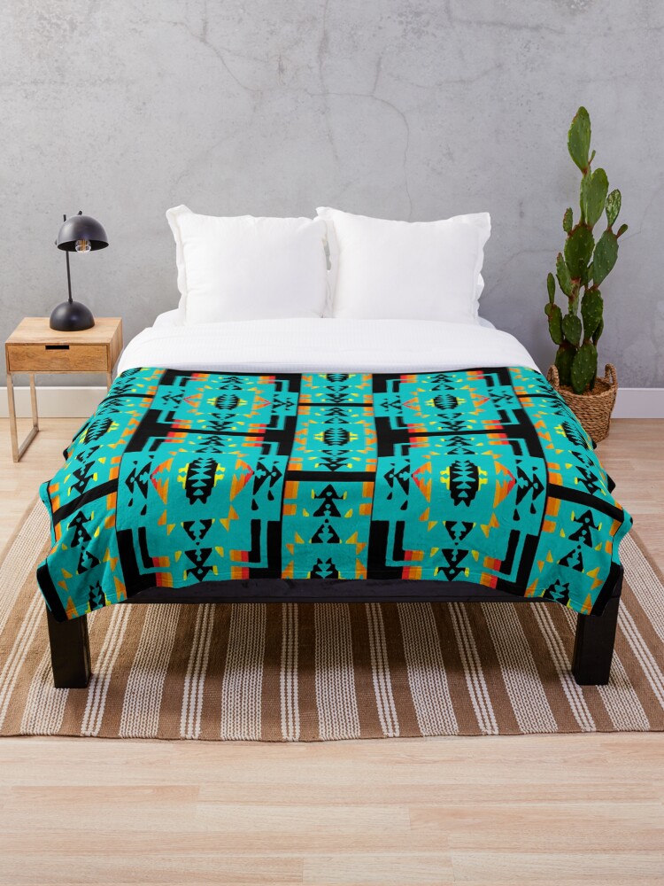 Native American Turquoise Fire Color Geometric Design Throw
