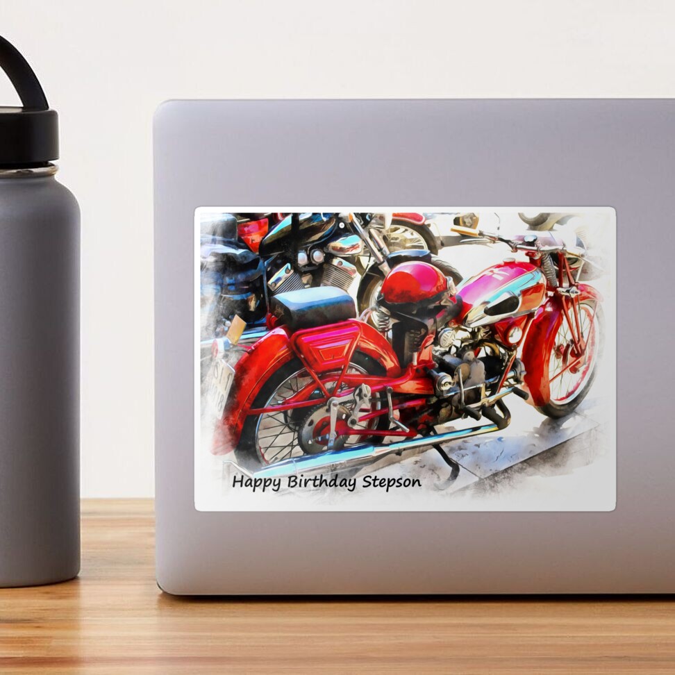 Red Motorbike And Helmet with Happy Birthday Stepson