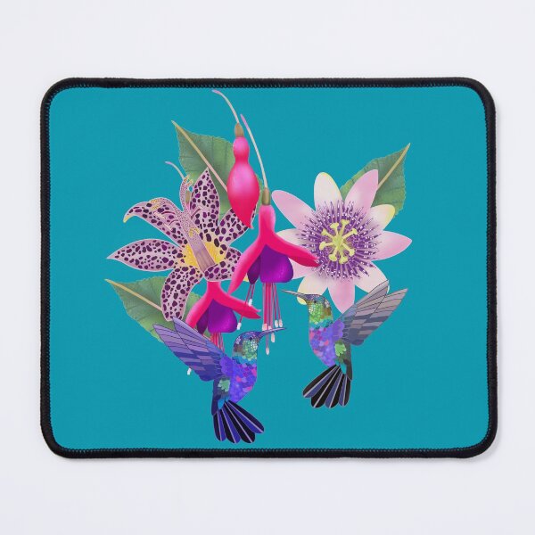 Item preview, Hummingbird floral with fuchsia, raspberry mousse toad lily and passion flower, A I Aqua background designed and sold by Naty Design Prague.