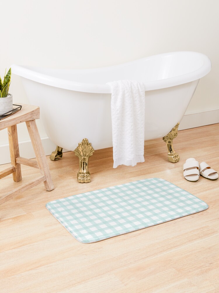 Thumbnail 1 of 6, Bath Mat, Background of pastel sky blue plaid pattern designed and sold by Victoria Riabov.