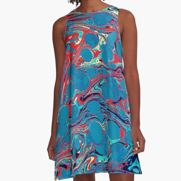 Psychedelic Blue Red Marbled Paper A-Line Dress