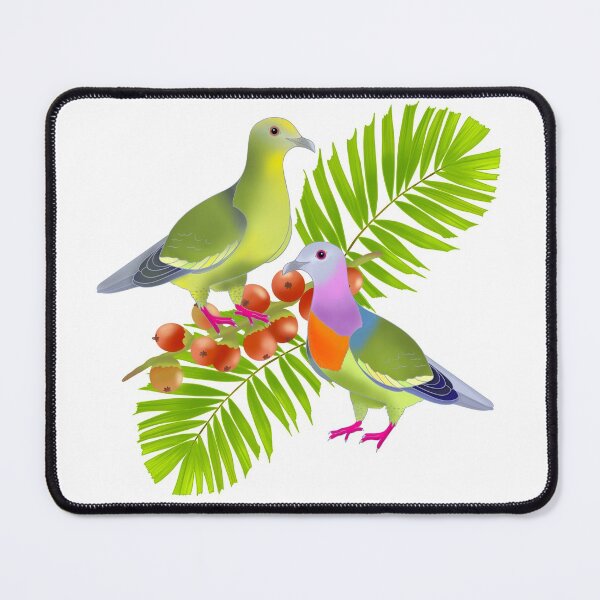 Item preview, A pair of Pink-necked green pigeons, macarthur palm leaves and berries, white background, large print designed and sold by Naty Design Prague.
