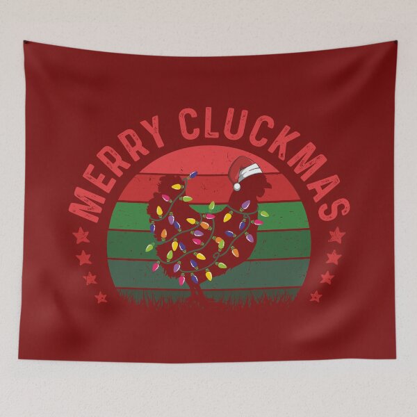 Item preview, Cute Funny MERRY CLUCKMAS Retro Sunset Chicken Wrapped in Christmas Lights Wearing Santa Hat Chicken Christmas Pun designed and sold by zenturtlemerch.