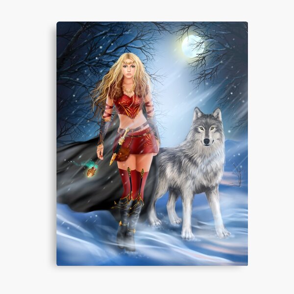 Winter princess with wolf Metal Print