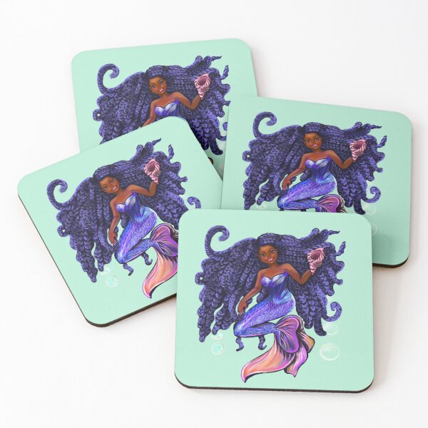 Item preview, mermaid with flowing braids holding sea shell , brown eyes curly Afro hair and caramel brown skin designed and sold by Artonmytee.