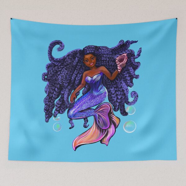 Item preview, mermaid with flowing braids holding sea shell , brown eyes curly Afro hair and caramel brown skin designed and sold by Artonmytee.