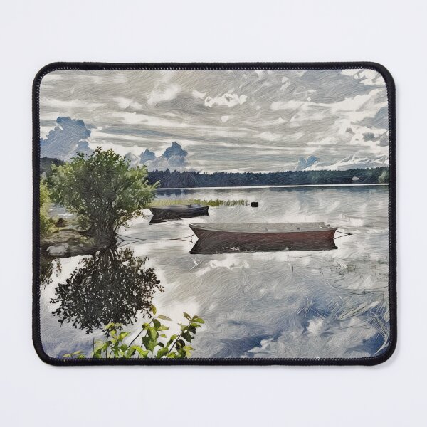 Item preview, Rowing boats by the lakeside, a scenic landscape designed and sold by Designbyfia.