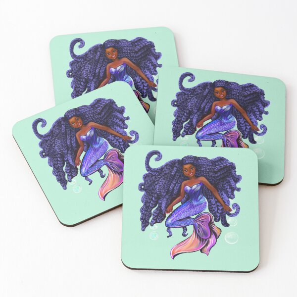 Item preview, mermaid with flowing blue black braids , brown eyes curly Afro hair and caramel brown skin designed and sold by Artonmytee.