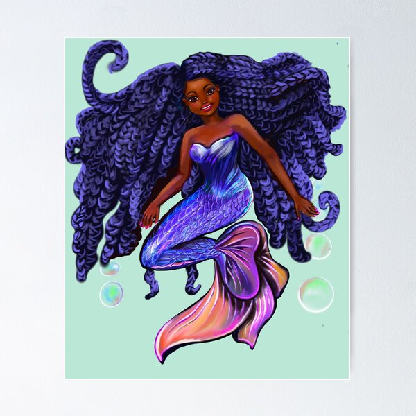 Item preview, mermaid with flowing blue black braids , brown eyes curly Afro hair and caramel brown skin designed and sold by Artonmytee.