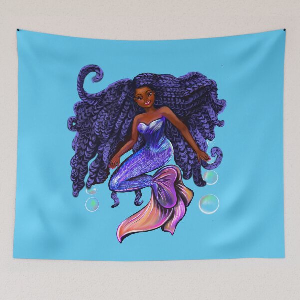 Item preview, mermaid with flowing blue black braids , brown eyes curly Afro hair and caramel brown skin designed and sold by Artonmytee.