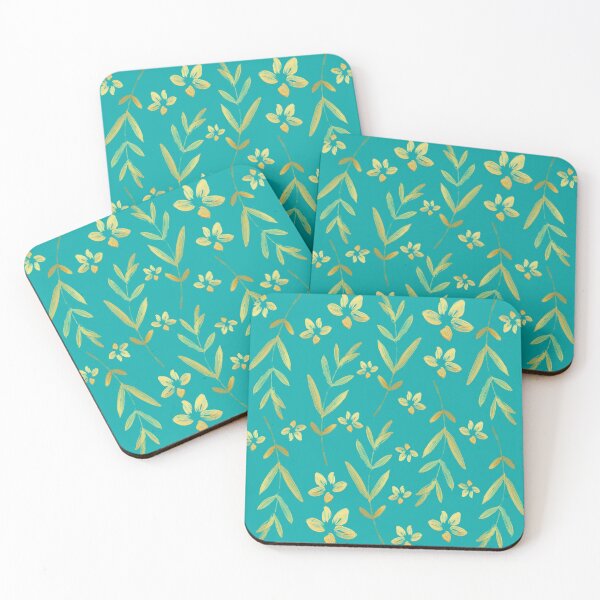 Item preview, Gold Leaf and Flower Pattern on Turquoise Background designed and sold by Lisa Thomas.