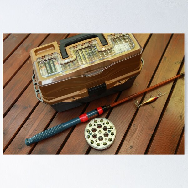 Fishing Rod, Lures,hooks,reel and String on Vintage Grunge Wooden