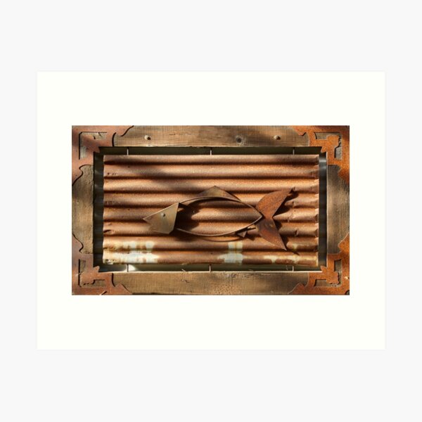 Corrugated Iron Fish framed in Wood by Adelaide Artist Avril Thomas at Magpie Springs Art Print