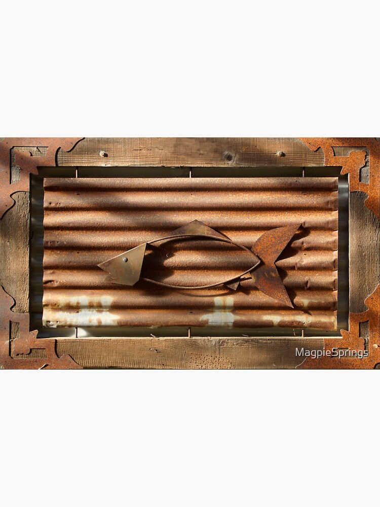 Thumbnail 3 of 3, Sticker, Corrugated Iron Fish framed in Wood by Adelaide Artist Avril Thomas at Magpie Springs designed and sold by MagpieSprings.