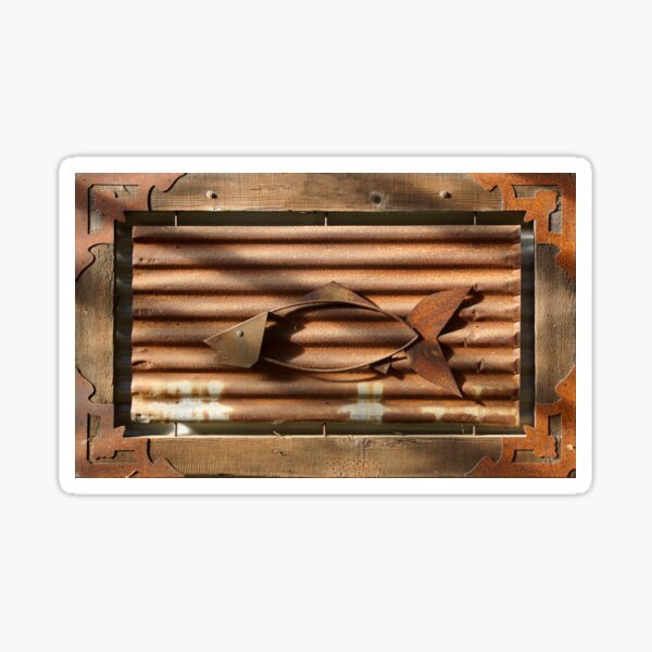 Corrugated Iron Fish framed in Wood by Adelaide Artist Avril Thomas at Magpie Springs Sticker