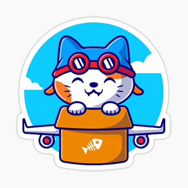 "Pilot Cat on Airplane Box" Sticker by Malicsi1998 Redbubble