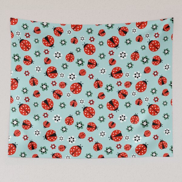 Item preview, Ladybugs with flowers on light blue seamless  designed and sold by CatheriLove.