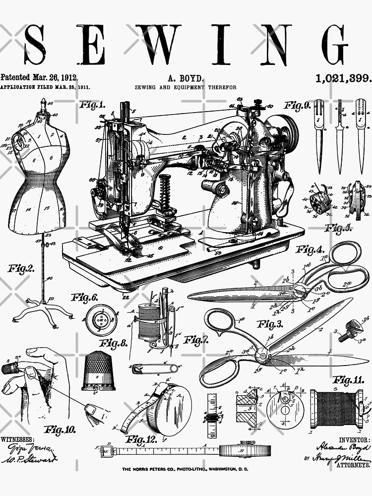 "Sewing Machine Quilting Quilter Crafter Vintage Patent Print" Sticker