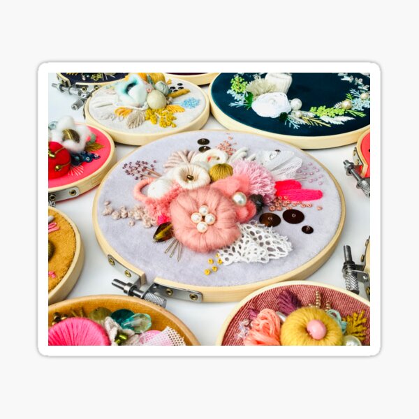 Victorianaland Collection | Hand Embroidery Art inspired by Victorian England Christmas Flowers in pink mustard velvet textile art Sticker