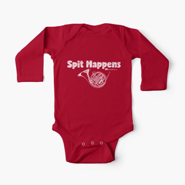 Spit Happens - French Horn (White Lettering) Long Sleeve Baby One-Piece