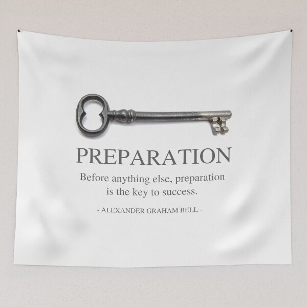 Item preview, PREPARATION - Before anything else, preparation is the key to success - Alexander Graham Bell quote -Single silver key - White minimalist design designed and sold by Art4Motivation.