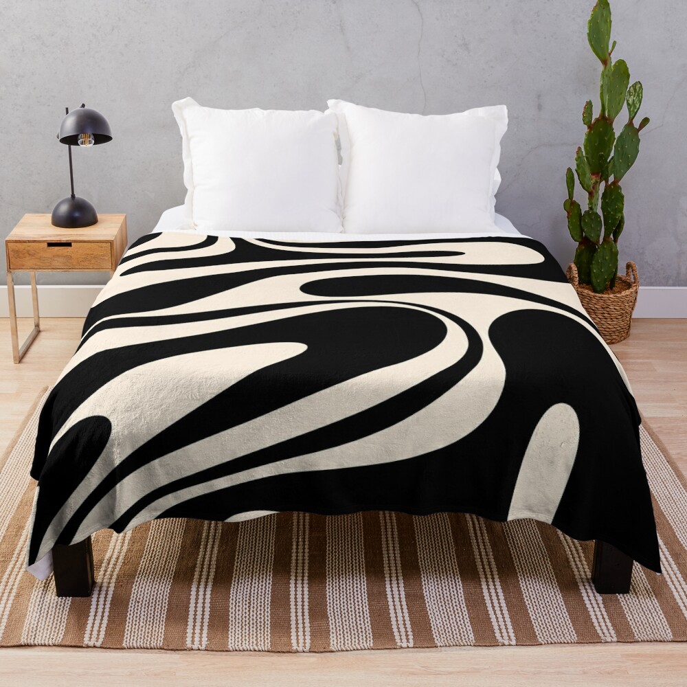 Retro Fantasy Swirl Abstract in Black and Almond Cream Throw Blanket