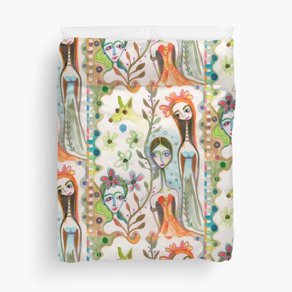 Three friends, Women Girl, Floral Abstract Illustration Art, Dog Duvet Cover