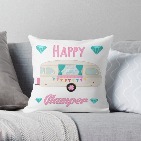 Happy Glamper - Pink Glam Camper Trailer RV Camping Throw Pillow