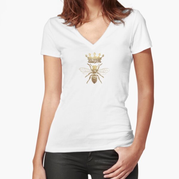 Queen Bee | Vintage Honey Bees | Gold and White | Fitted V-Neck T-Shirt