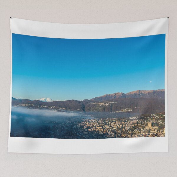 Item preview, Snow-capped Mountain Peak Monte Rosa and the Moon Above Cloudscape and Lake Lugano with Sunlight and Clear Sky in City of Lugano designed and sold by Mats Silvan.