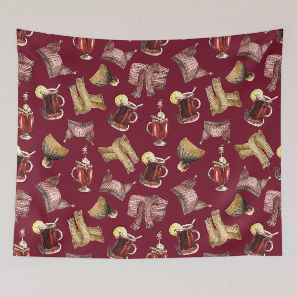 Item preview, Watercolor mulled wine and scarfs pattern designed and sold by GrayCatGraphics.
