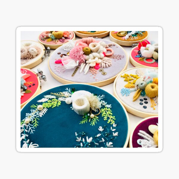 Victorianaland Collection | Hand Embroidery Art inspired by Victorian England Christmas Flowers in pink mustard velvet textile art Sticker