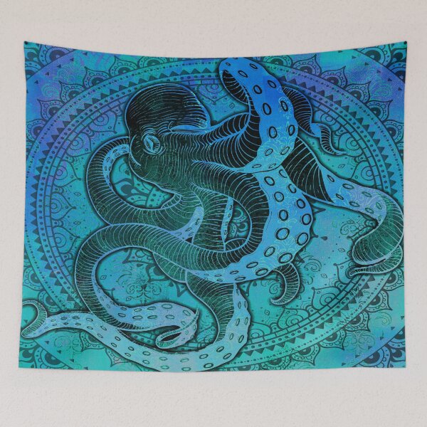 Item preview, Octopus on Damask - Green/Blue edition designed and sold by Bad Doggie Designs.
