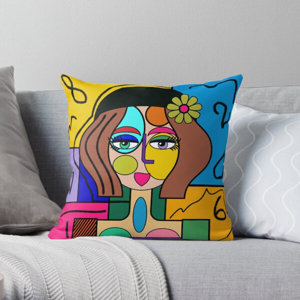 Colorful Funky Abstract Girl Art Face  Throw Pillow