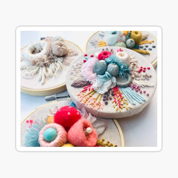Victorianaland Collection | Hand Embroidery Art inspired by Victorian England Christmas Flowers in pink mustard velvet textile art Sticker